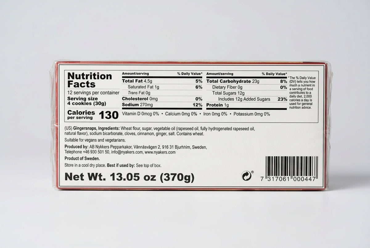Nyakers Holiday Gingersnaps, back of box with nutrition and barcode