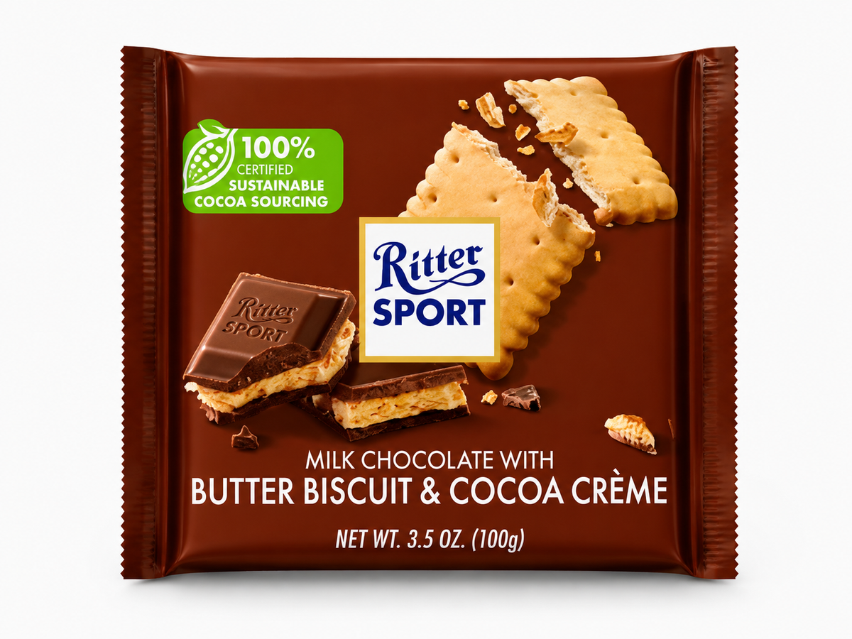 Ritter Sport Milk Chocolate with Butter Biscuit & Cocoa Crème, 3.5 oz (100g)